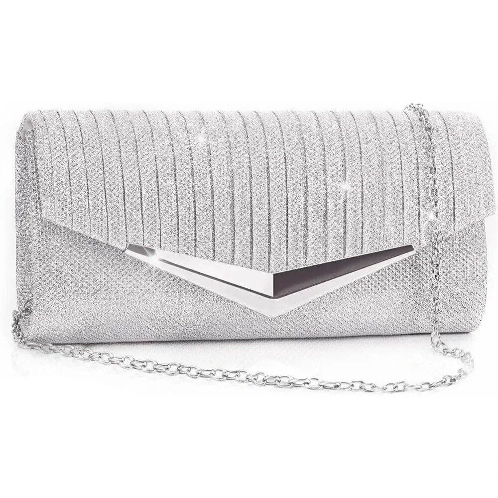 ❤️ Clutch Purses for Women,  Shiny Pleated Sequin w/Chain, Formal Prom Handbag